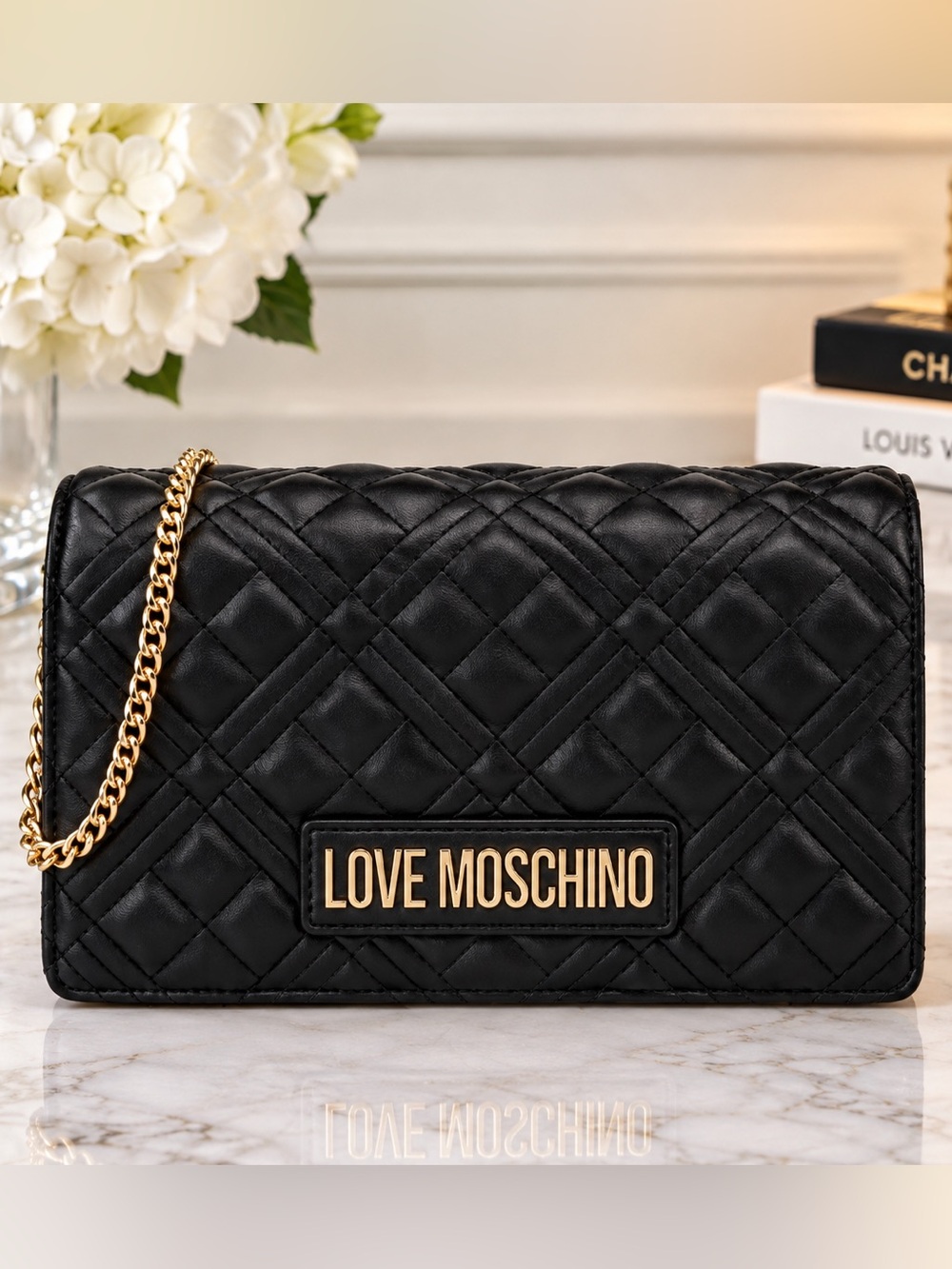 LOVE MOSCHINO Shiny Quilted Crossbody with Gold-Tone Logo and Gold-Tone Chain